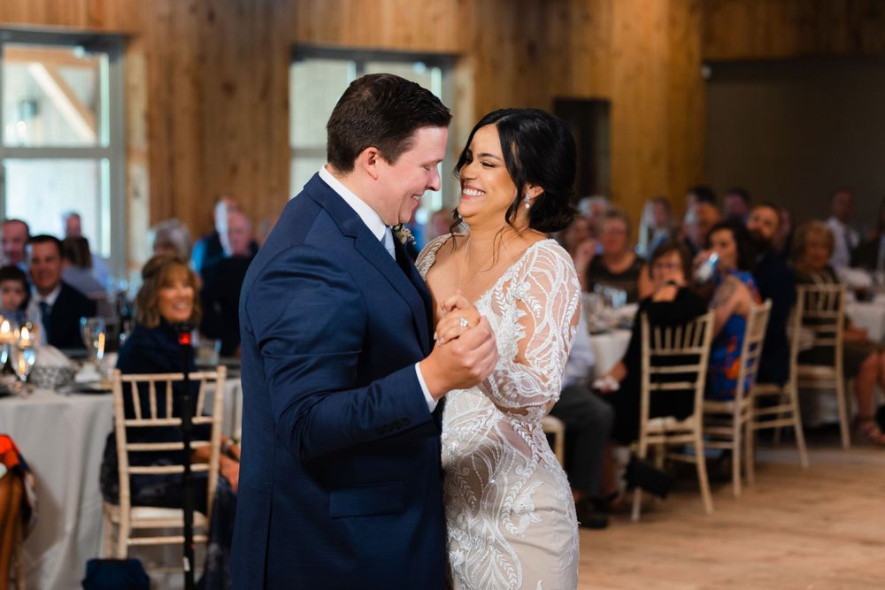 Bride and groom's first dance during wedding reception at Jorgensen Farms in Westerville, Ohio.