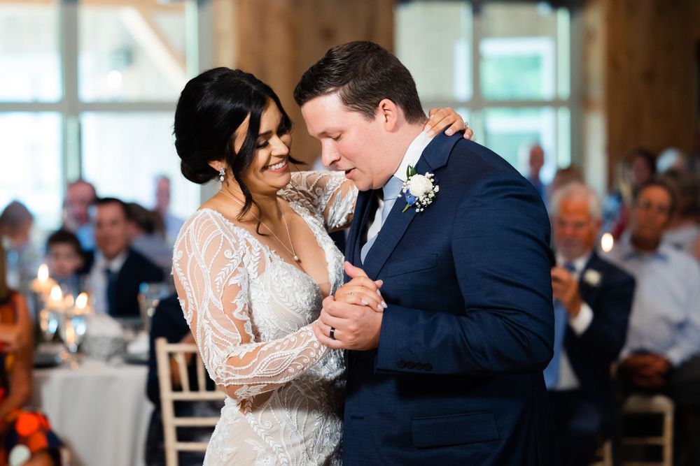 Bride and groom dancing during wedding reception at Jorgensen Farms in Westerville, Ohio.