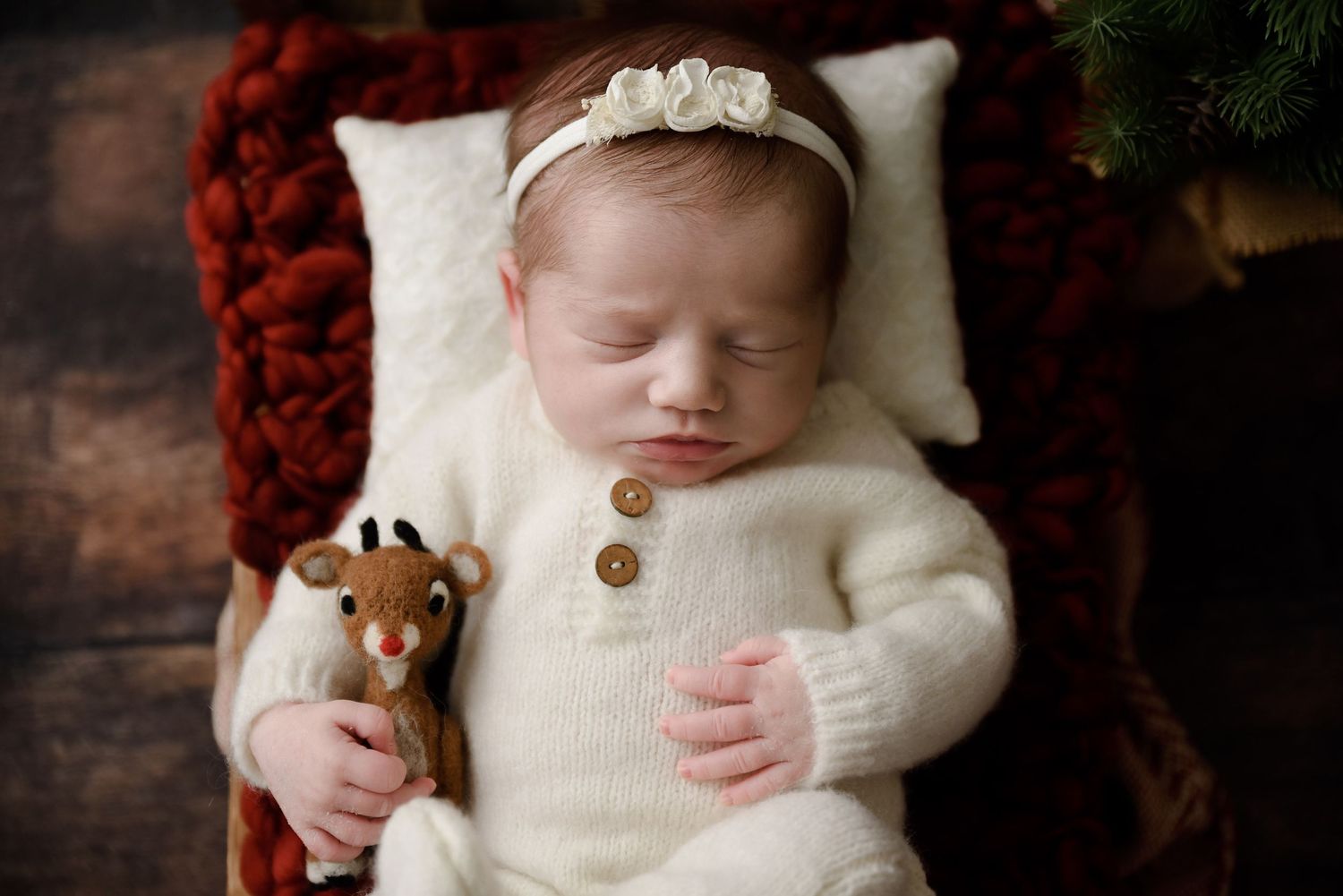 Sleeping newborn baby in cream knit outfit holding a reindeer toy, wearing a white floral headband.