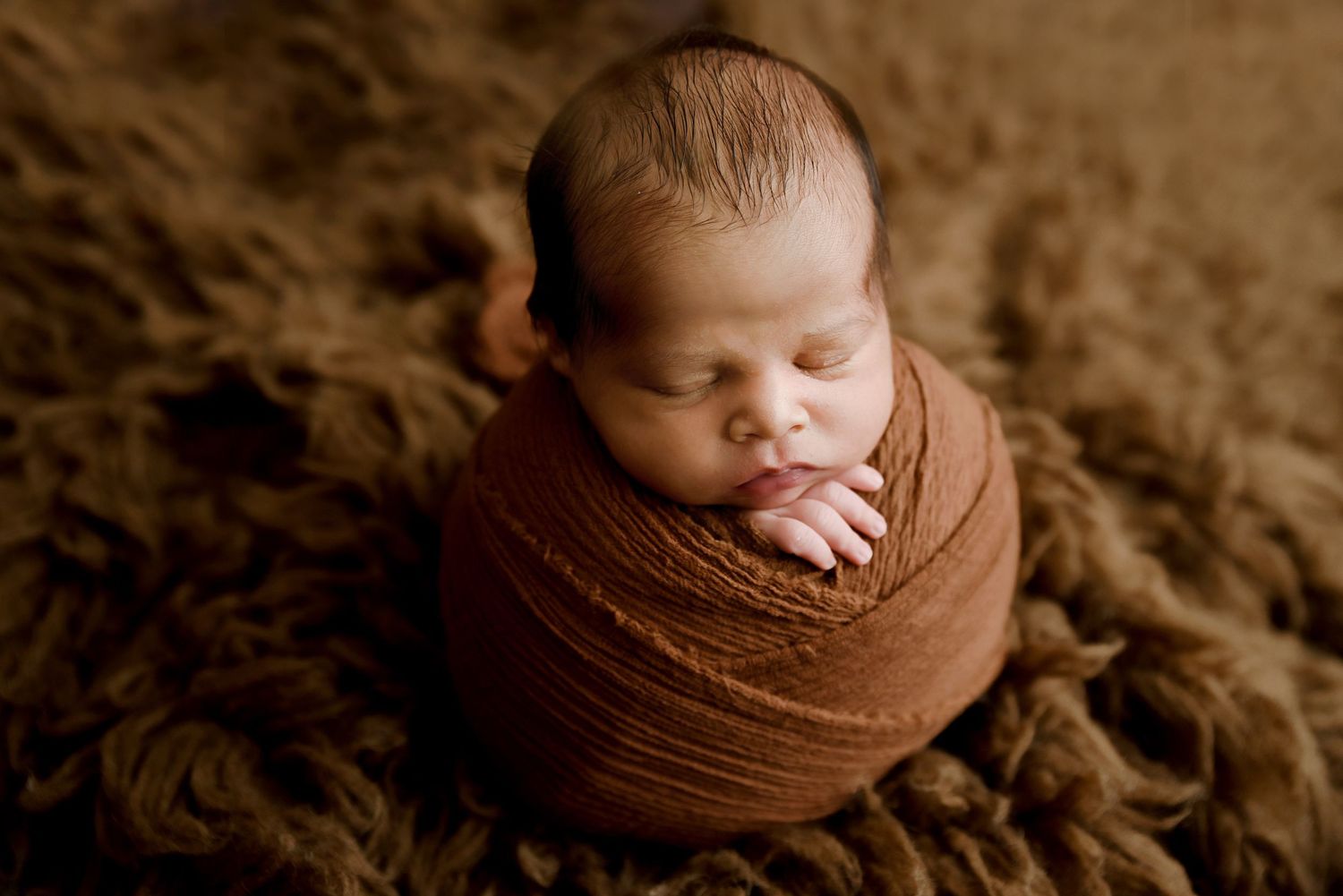 Newborn baby tightly swaddled in brown wrap posed on fluffy brown fur during professional newborn session.