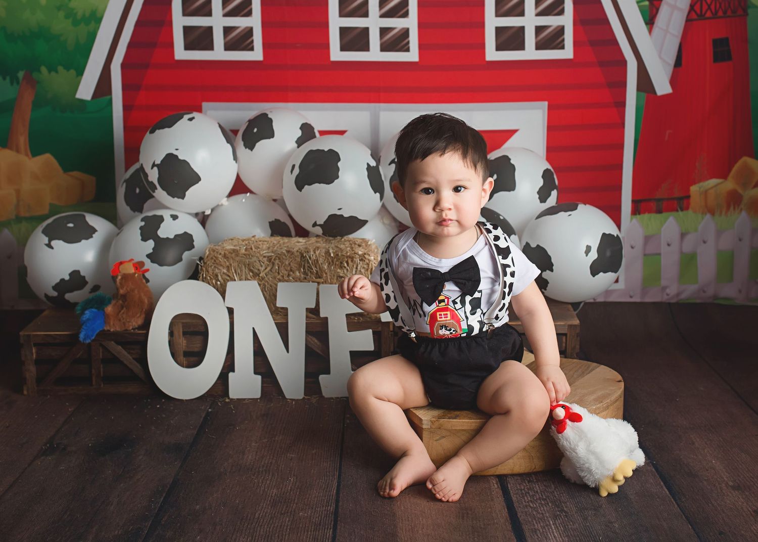 Farm-themed first birthday photo setup with soccer balls and red barn backdrop.