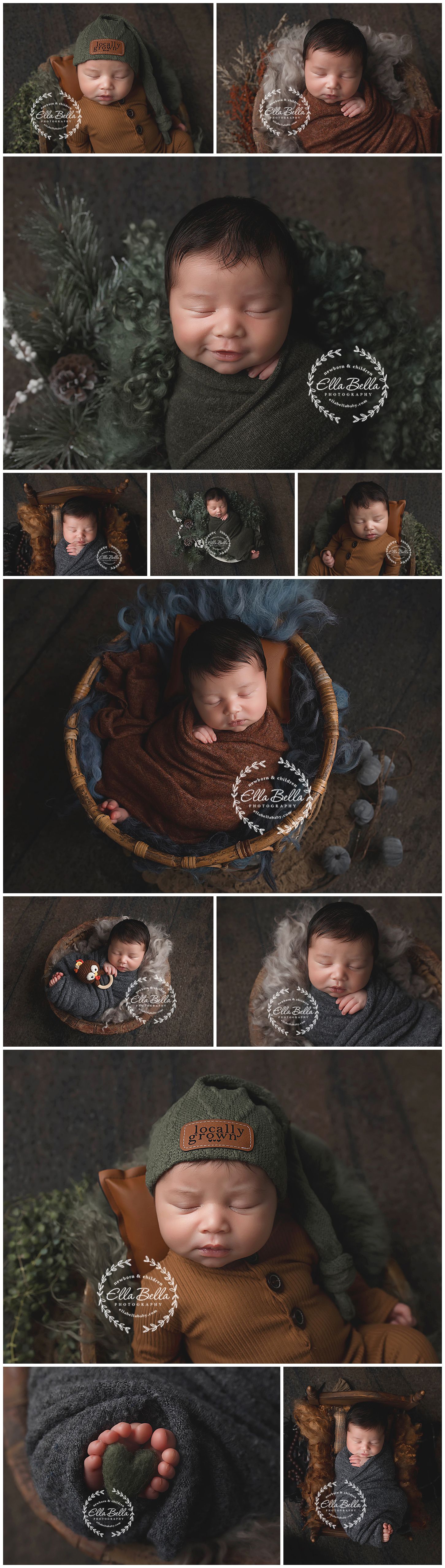 Artistic newborn photography collection featuring cozy poses with evergreen accents, warm brown wraps, and vintage props.