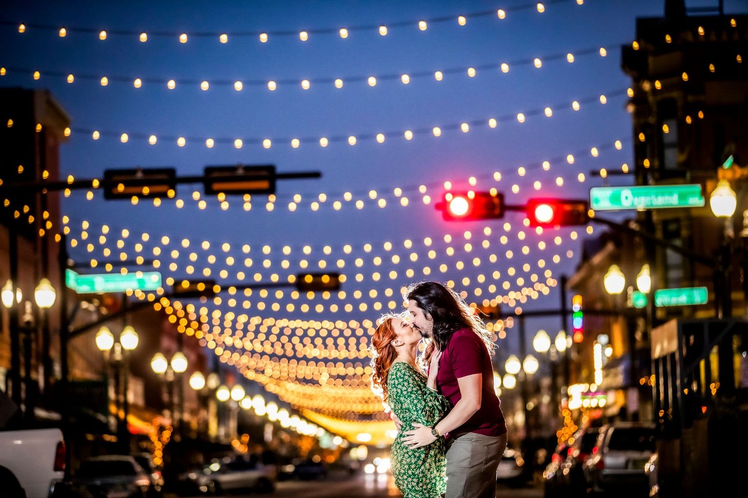 Dreamy engagement session in downtown El Paso, with warm string lights and historic streets setting the perfect scene.