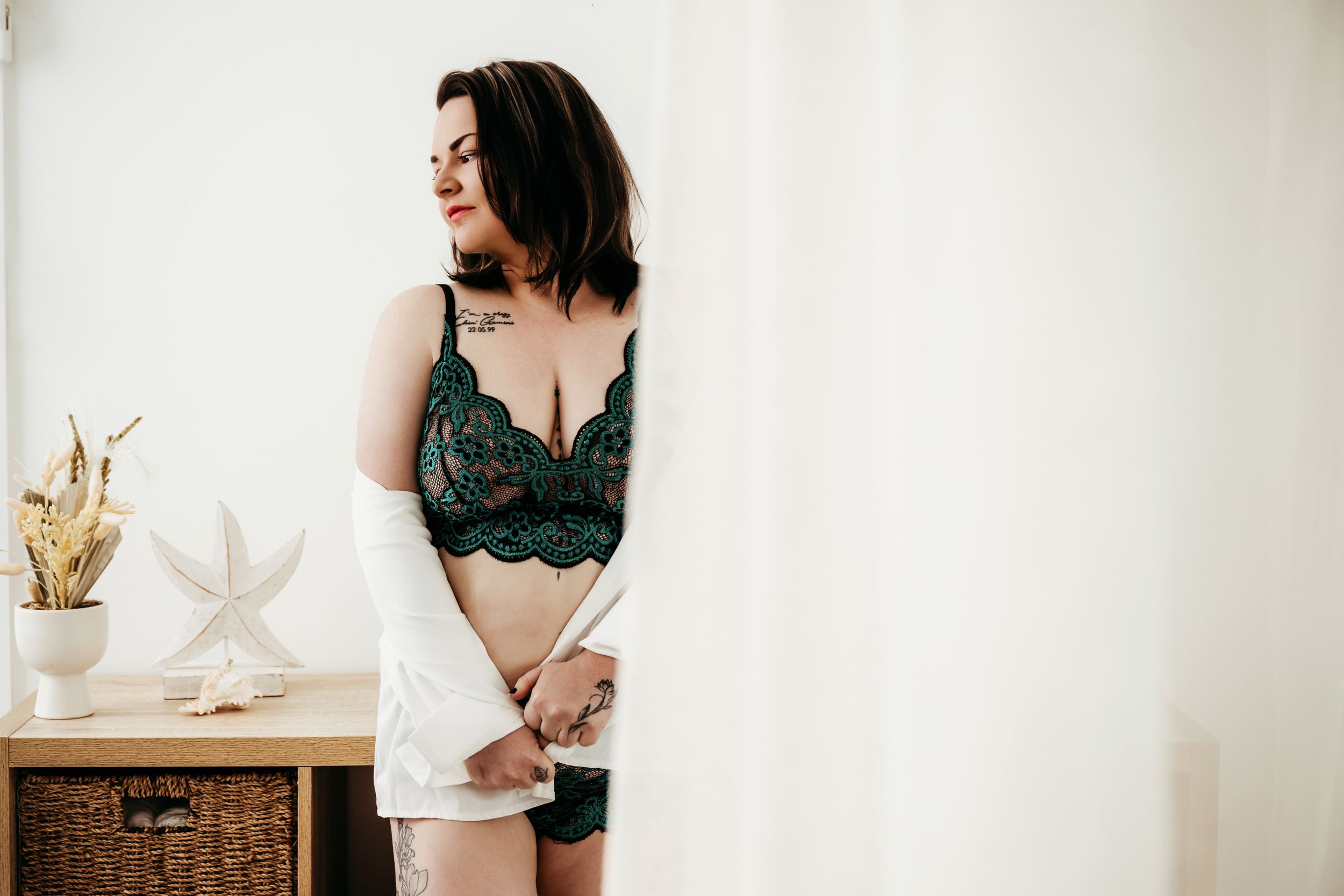 A collection of delicate boudoir photography images showing intimate moments in soft natural light.