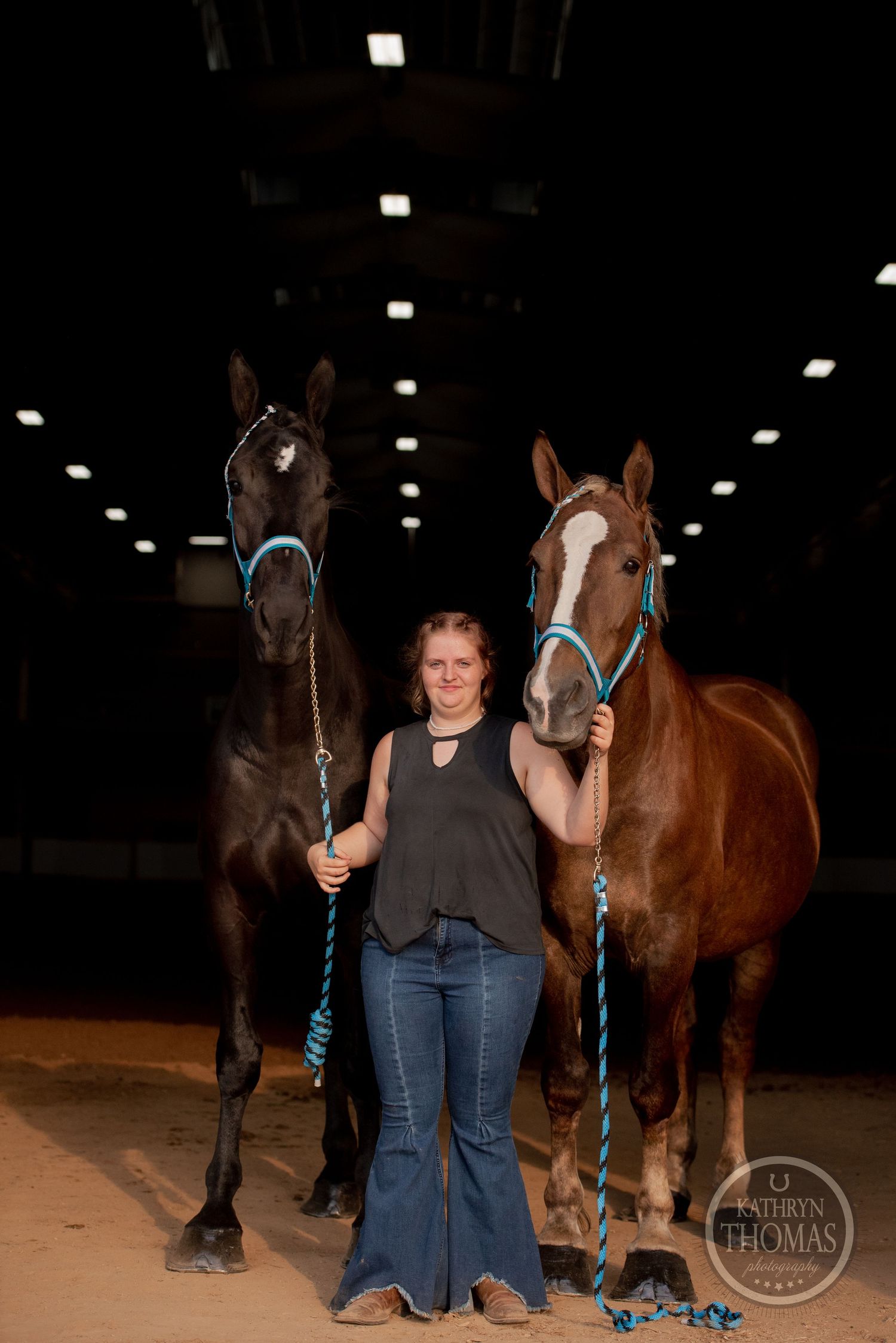 Two majestic horses, one dark and one chestnut colored, stand in an indoor arena with halters and lead ropes.