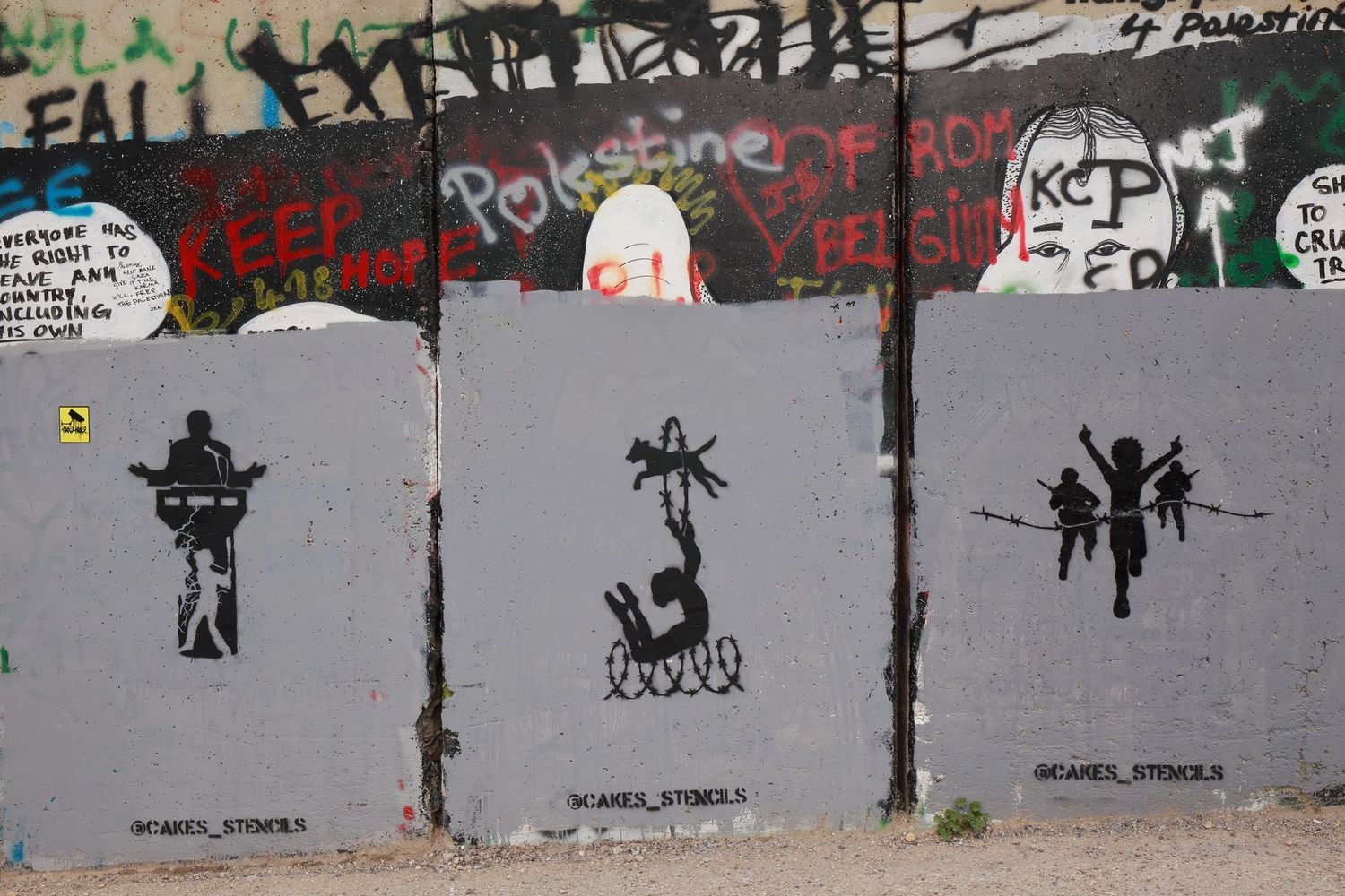 Series of three protest art stencils on grey panels showing silhouetted figures.