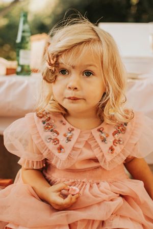 A child in a pink ruffled dress sitting at an outdoor gathering.