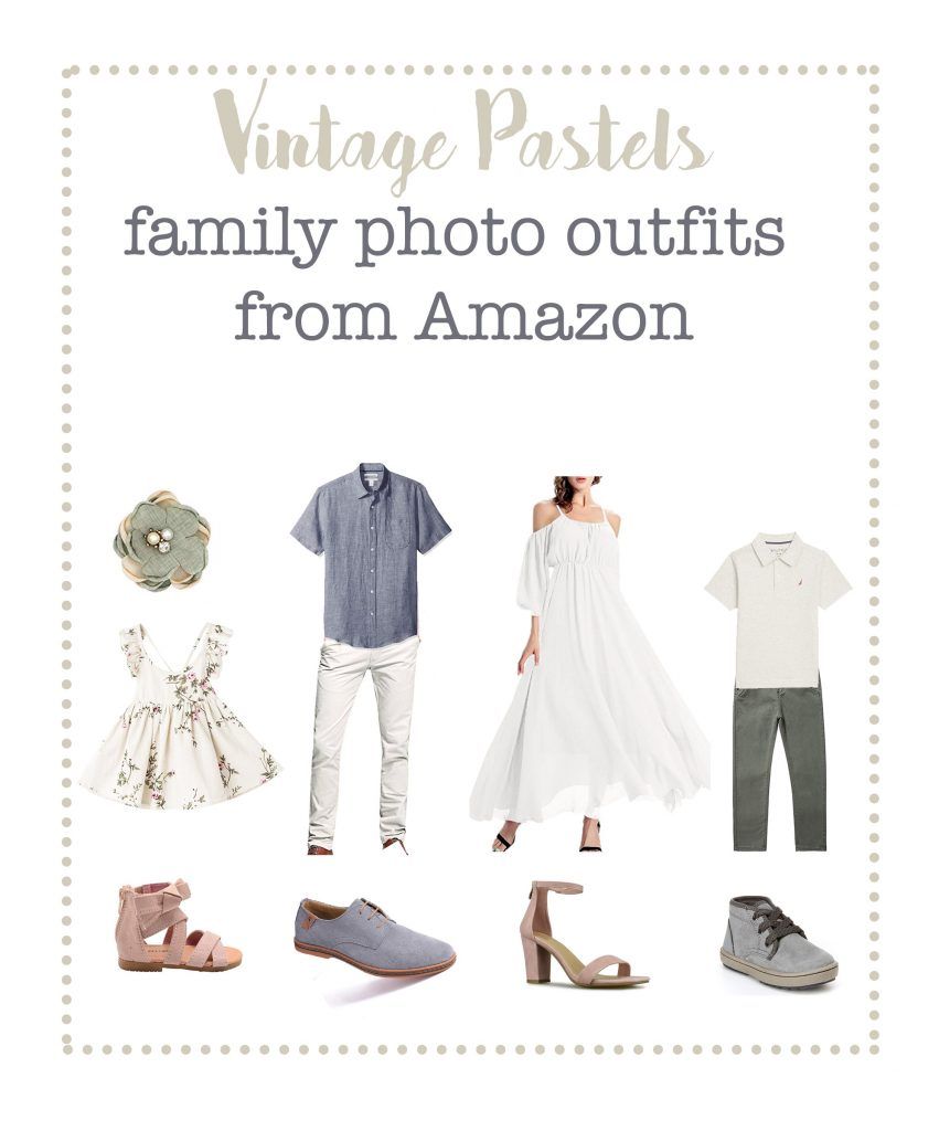 Vintage pastel family photo outfit collection with coordinating neutral shoes and accessories.