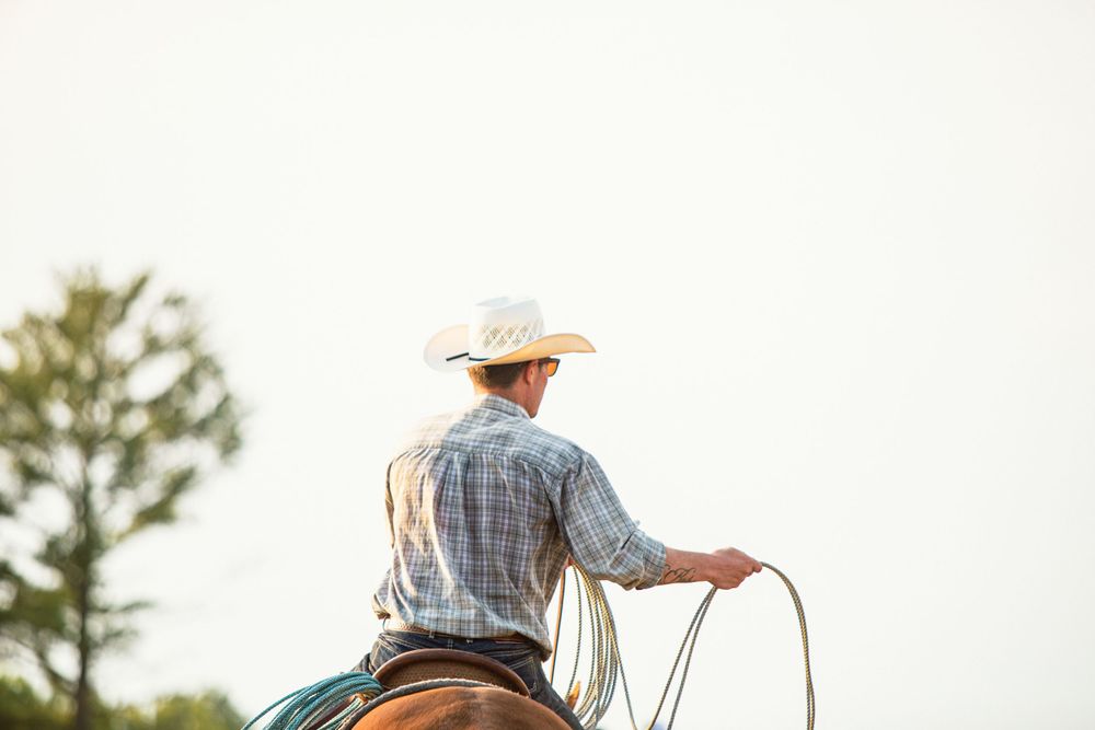 Rodeo participant in action during late afternoon event.