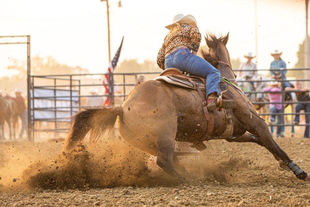 Barrel racing action shot with horse and rider kicking up dust in rodeo arena.