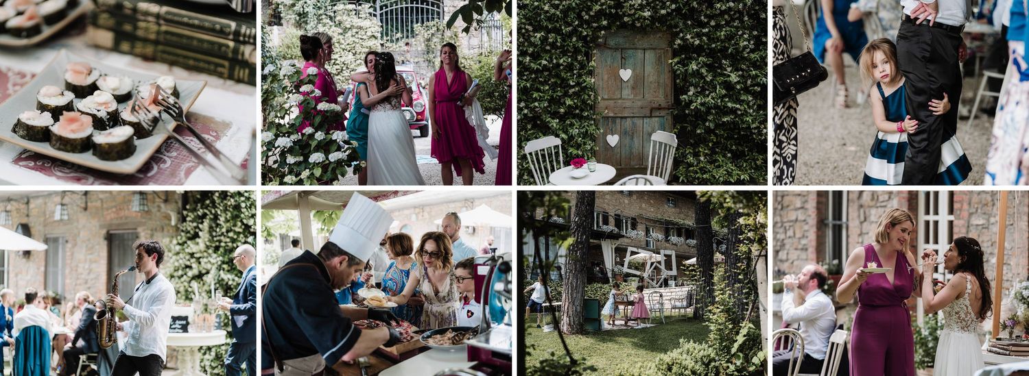 Wedding guests enjoy outdoor cocktail hour with food stations and festive decorations in a garden setting.