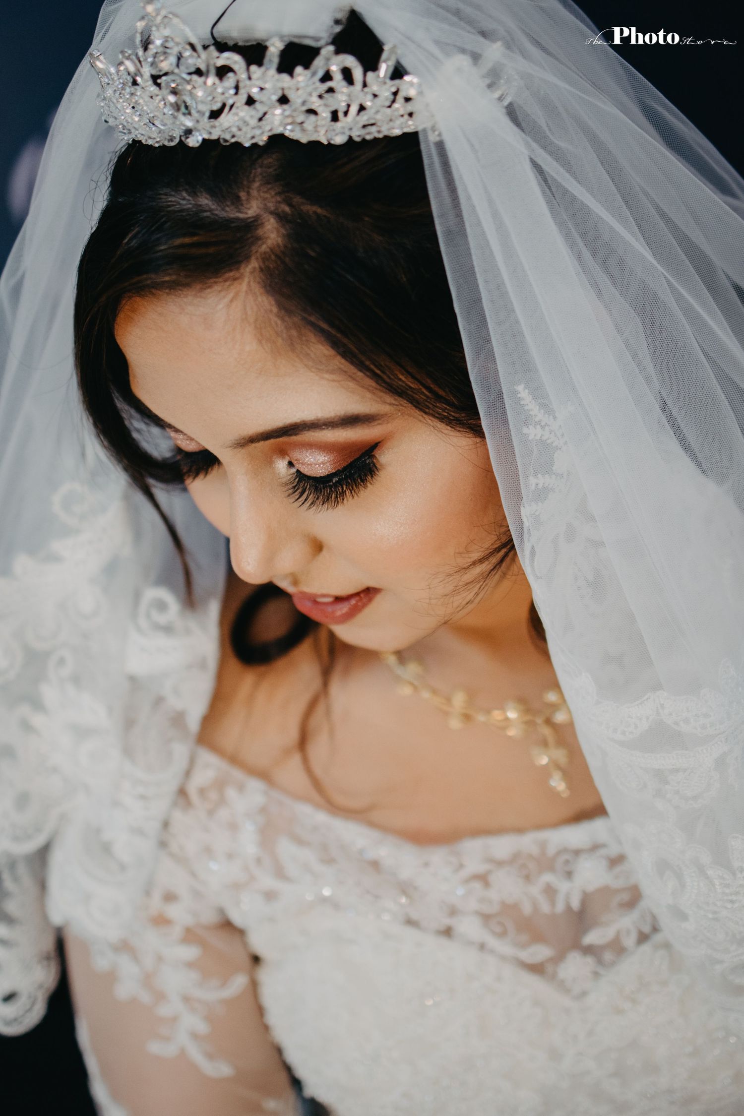 Artistic bridal portrait showcasing detailed lace neckline and flowing veil.