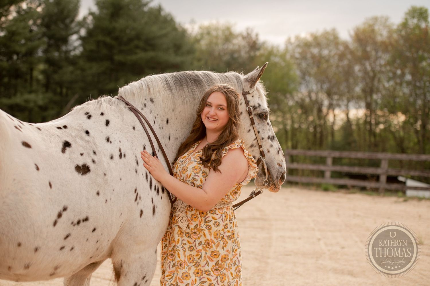 An appaloosa horse with distinctive spots poses with companion in a sandy arena.