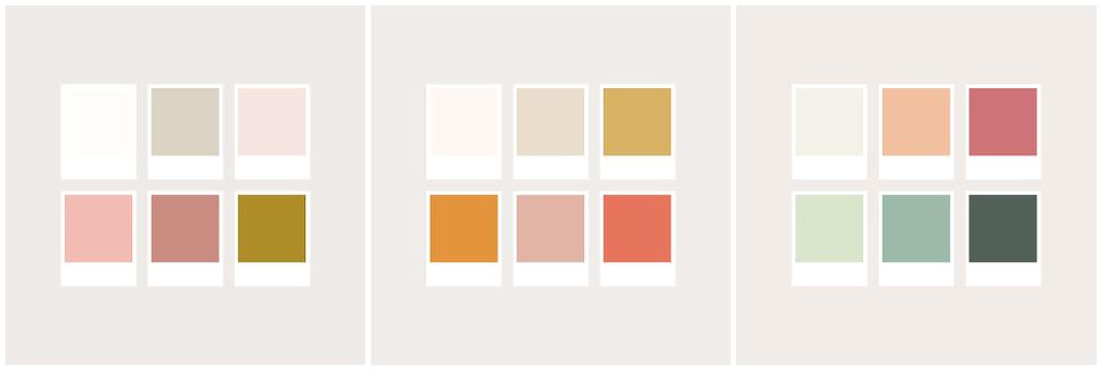 Color palette featuring soft pink, beige and olive green tones arranged in grid format.