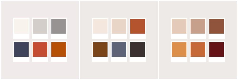 Contemporary color palette with muted red, gray, and beige combinations.