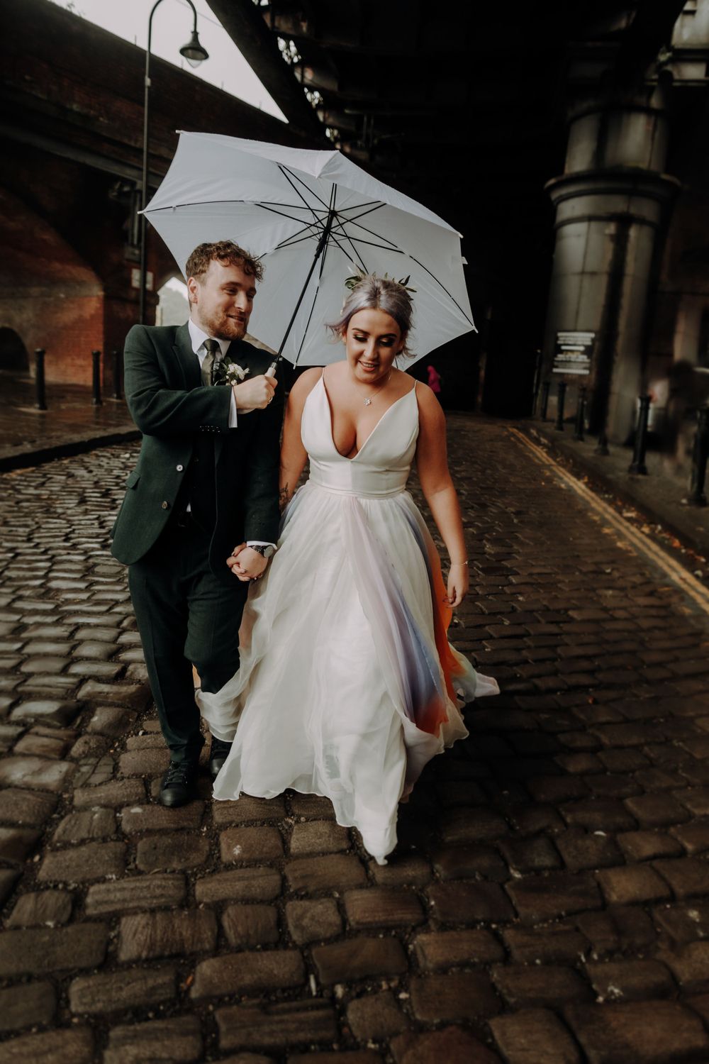 Castlefield wedding. Manchester City centre wedding. Dukes 92, Moss Floristry flowers alternative wedding dress