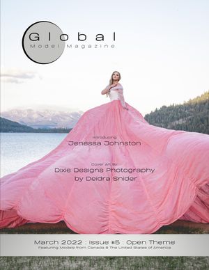 Global Model Magazine March 2022 cover featuring Jenessa Johnston in flowing pink gown by mountain lake.