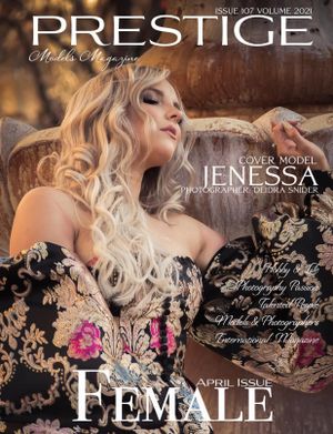 Prestige Models Magazine April 2021 cover featuring model Jenessa in an ornate floral gown outdoors.