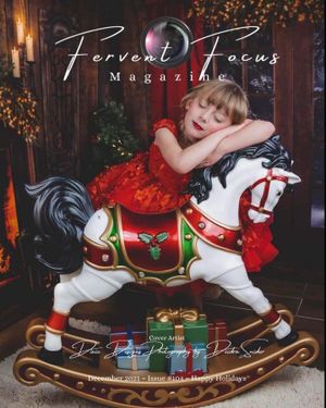 Young girl in red dress resting on carousel horse on Fervent Focus Magazine December holiday cover.