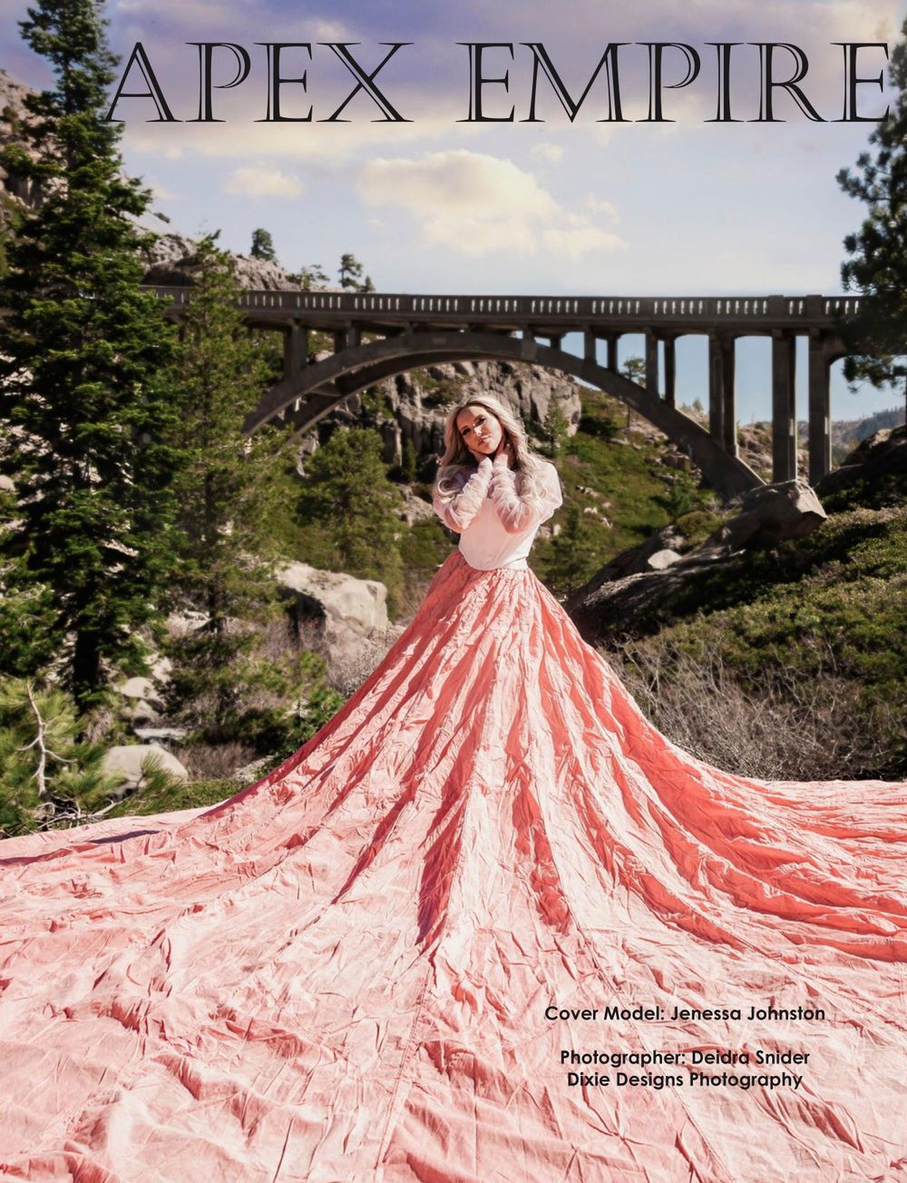 Apex Empire Magazine cover featuring model Jenessa Johnston in a flowing pink gown near a mountain bridge.