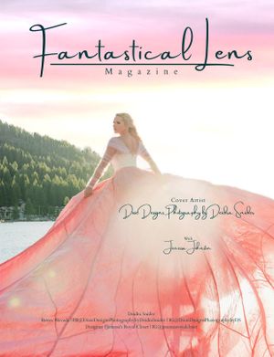 Fantastical Lens Magazine cover featuring model Jenessa Johnston in a flowing coral gown by a lake.