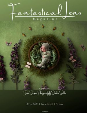 Fantastical Lens Magazine May 2021 green issue cover featuring a newborn in a moss nest with butterflies.