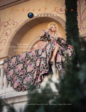 Fervent Focus Magazine cover featuring a model in an elaborate floral ballgown on decorative stone steps.