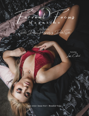 Blonde woman in red lingerie lies on dark floral bedding on Fervent Focus Magazine cover.