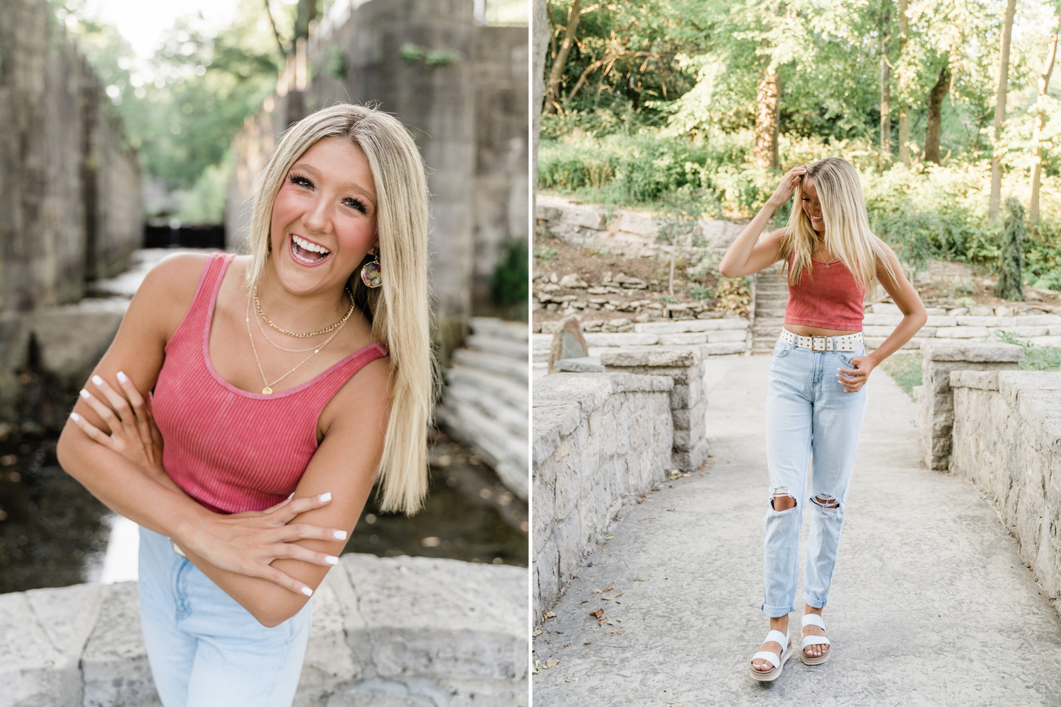 High school senior girl posing casually in pink tank and jeans during summer senior session on a wooden bridge in Maumee.