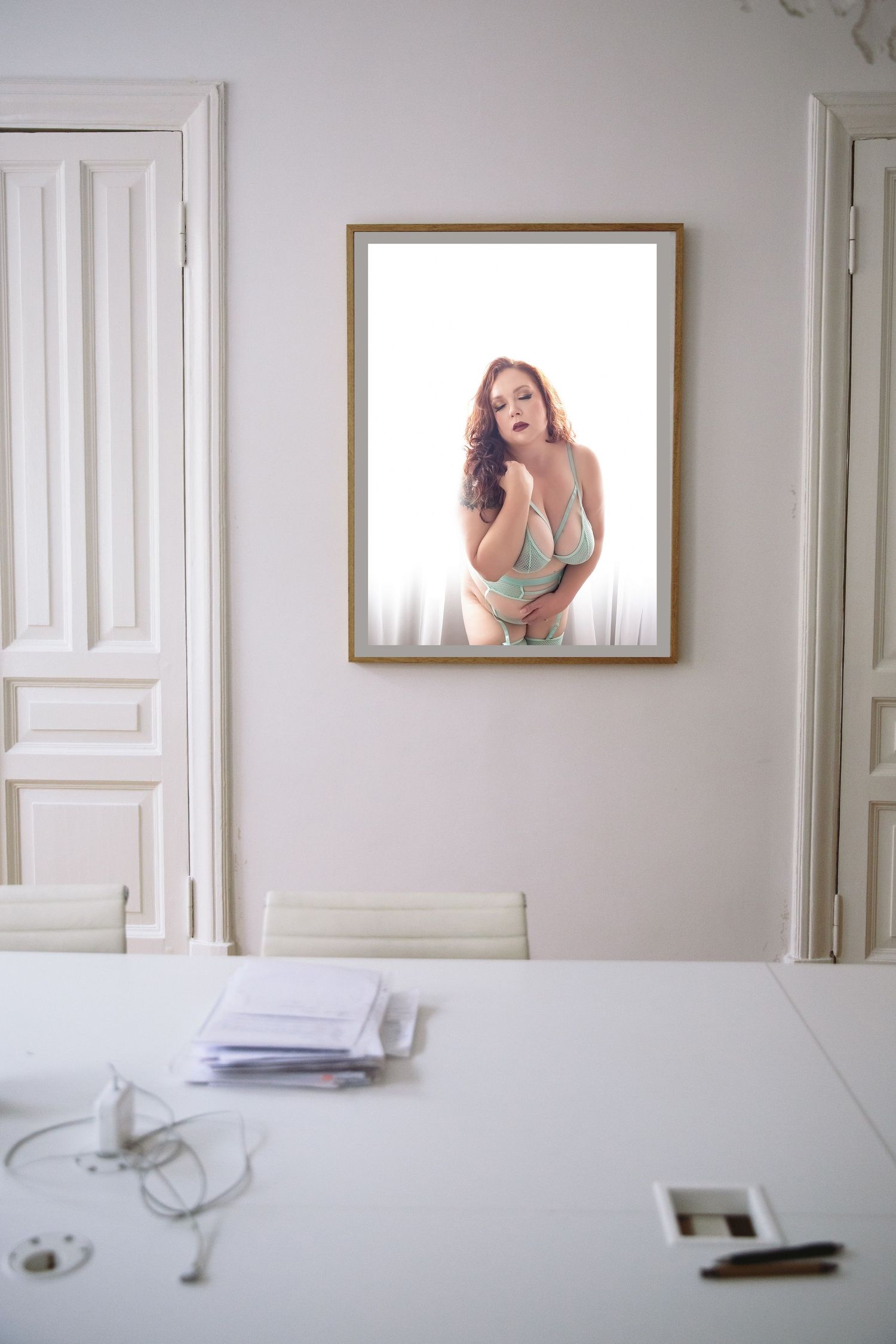 Boudoir Wall Art Example of framed fine art print boudoir image in gold frame of red headed woman in mint lingerie