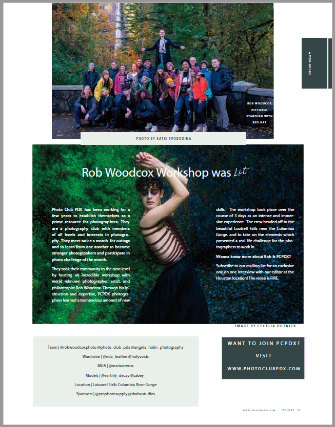 Poppn Magazine pages of published photography work, top photo of the group participating in workshop and article.