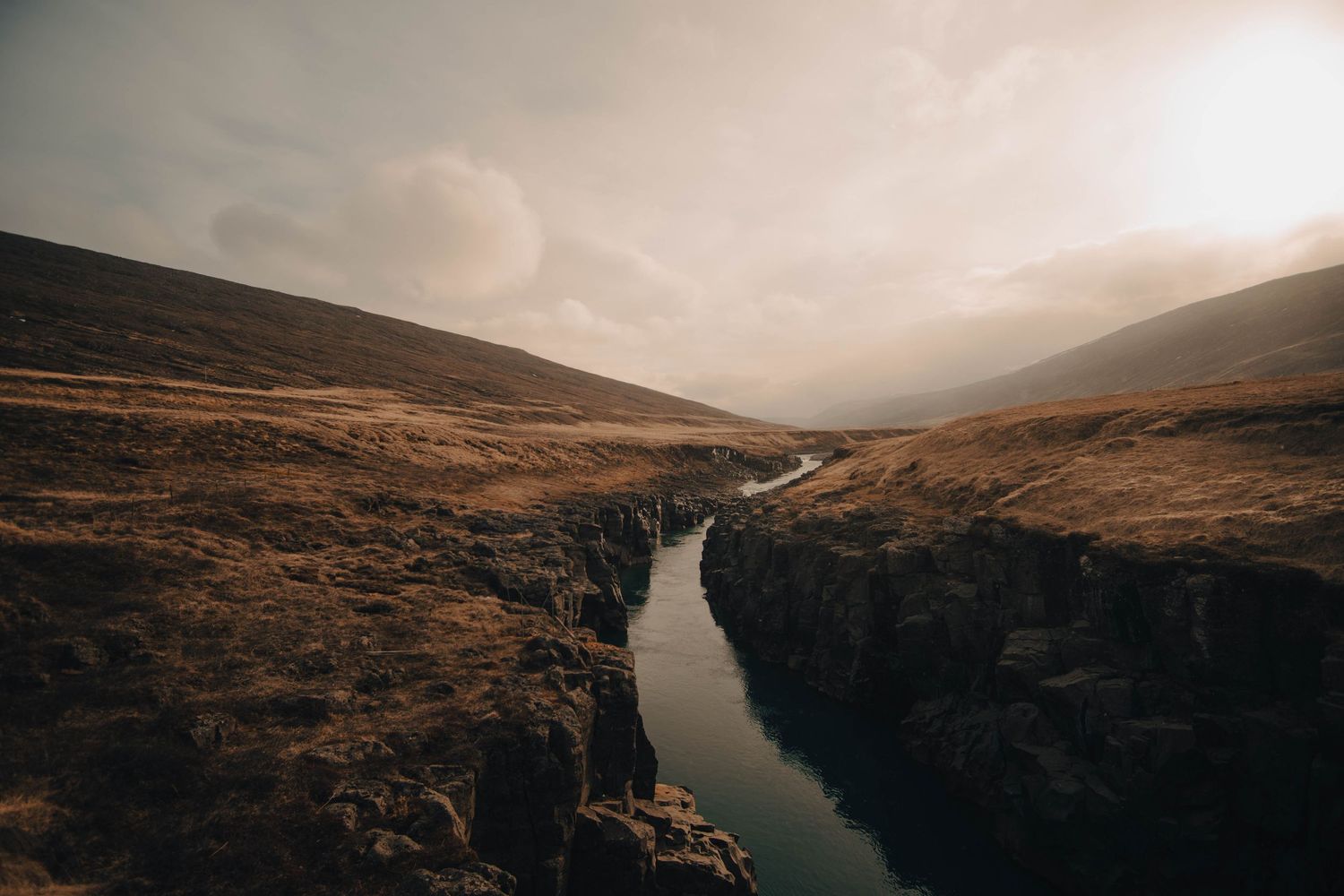 Deep canyon with winding river cutting through brown hills under moody sky.