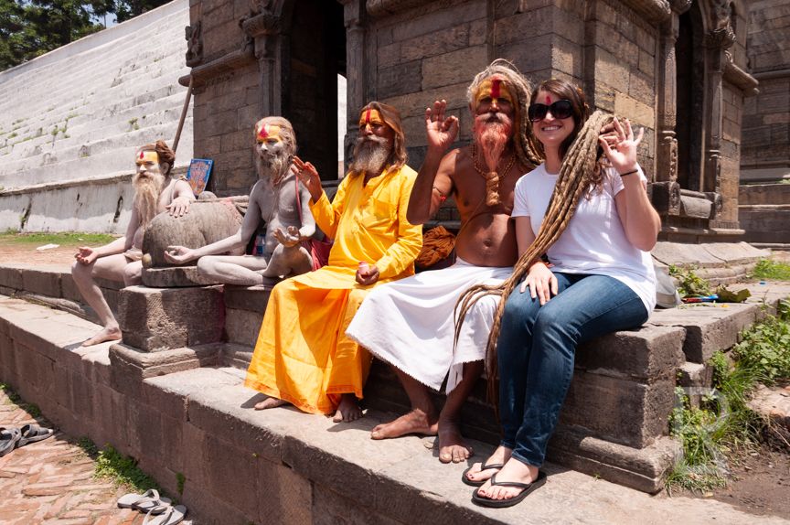 Leah Ramuglia and a Sadhus at Pashupatinath Temple in Kathmandu, Nepal