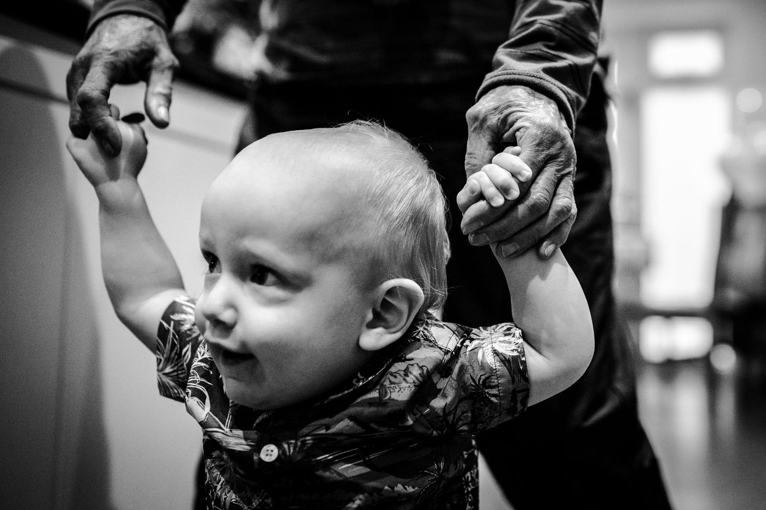 Close up of toddler's hand being held by his great-grandmothers hand whilst helping him to walk around