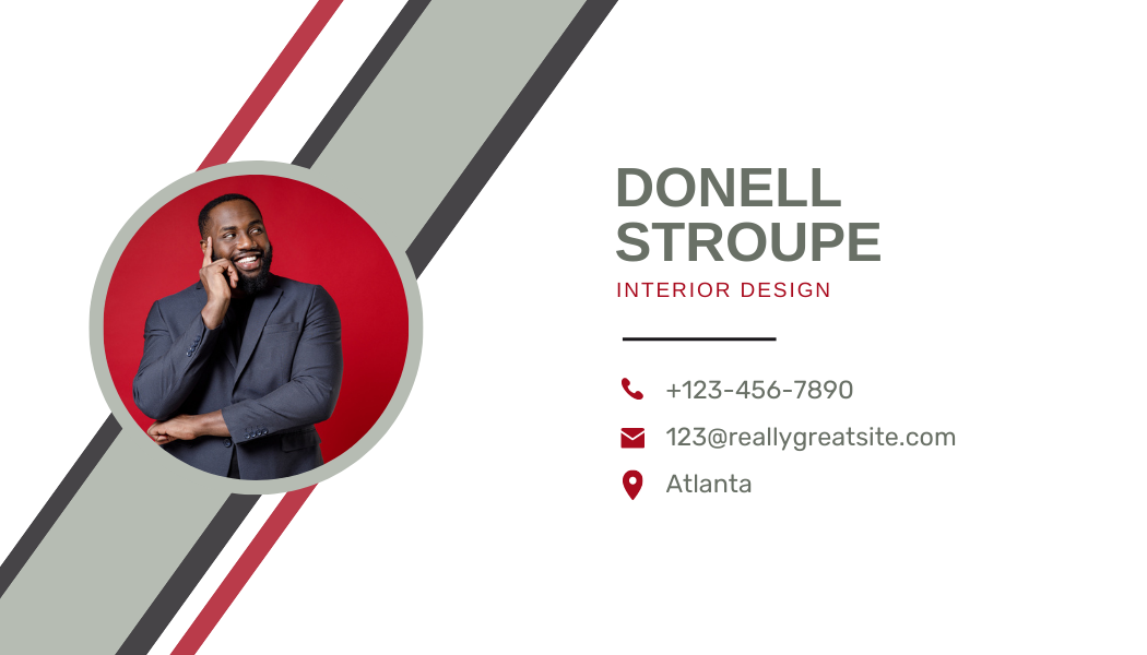 Modern business card design with diagonal stripe pattern in red and gray.