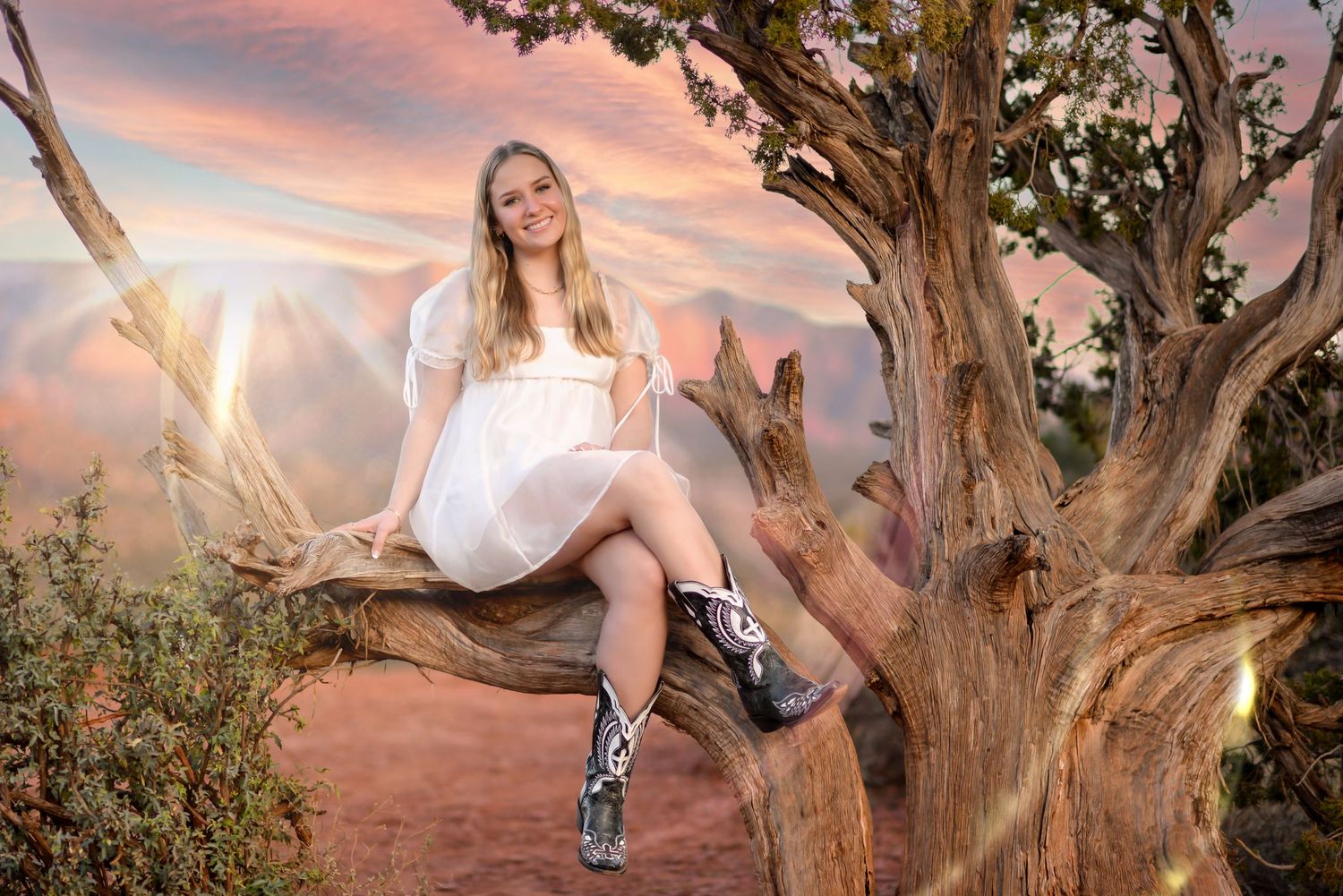 Dreamy desert photoshoot with someone posing on a weathered tree branch at sunset. Senior Portrait Photography Sedona Arizona