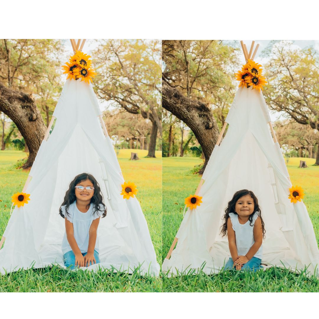 Before and after edit comparison of teepee photoshoot in park setting.