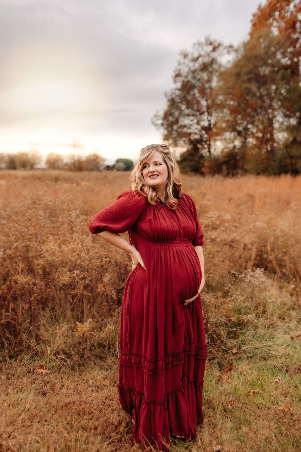 Lifestyle maternity portraits in Denver NC with warm earthy tones