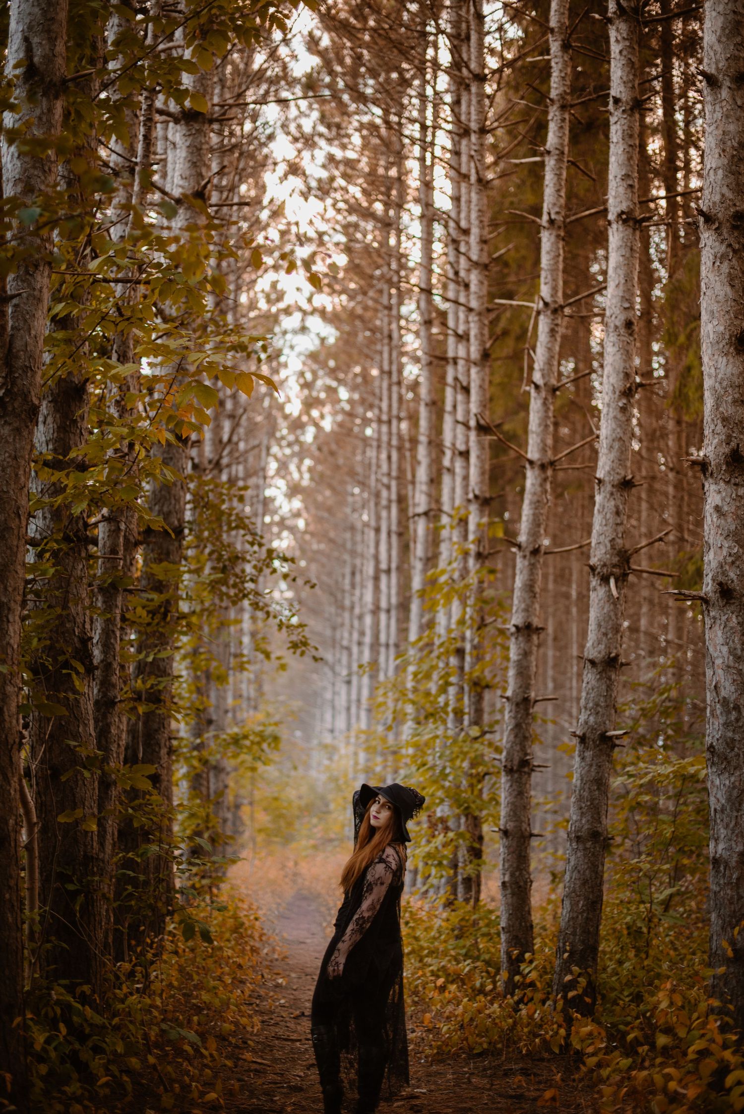 Figure in dark dress poses dramatically in autumn forest path lined with tall trees.