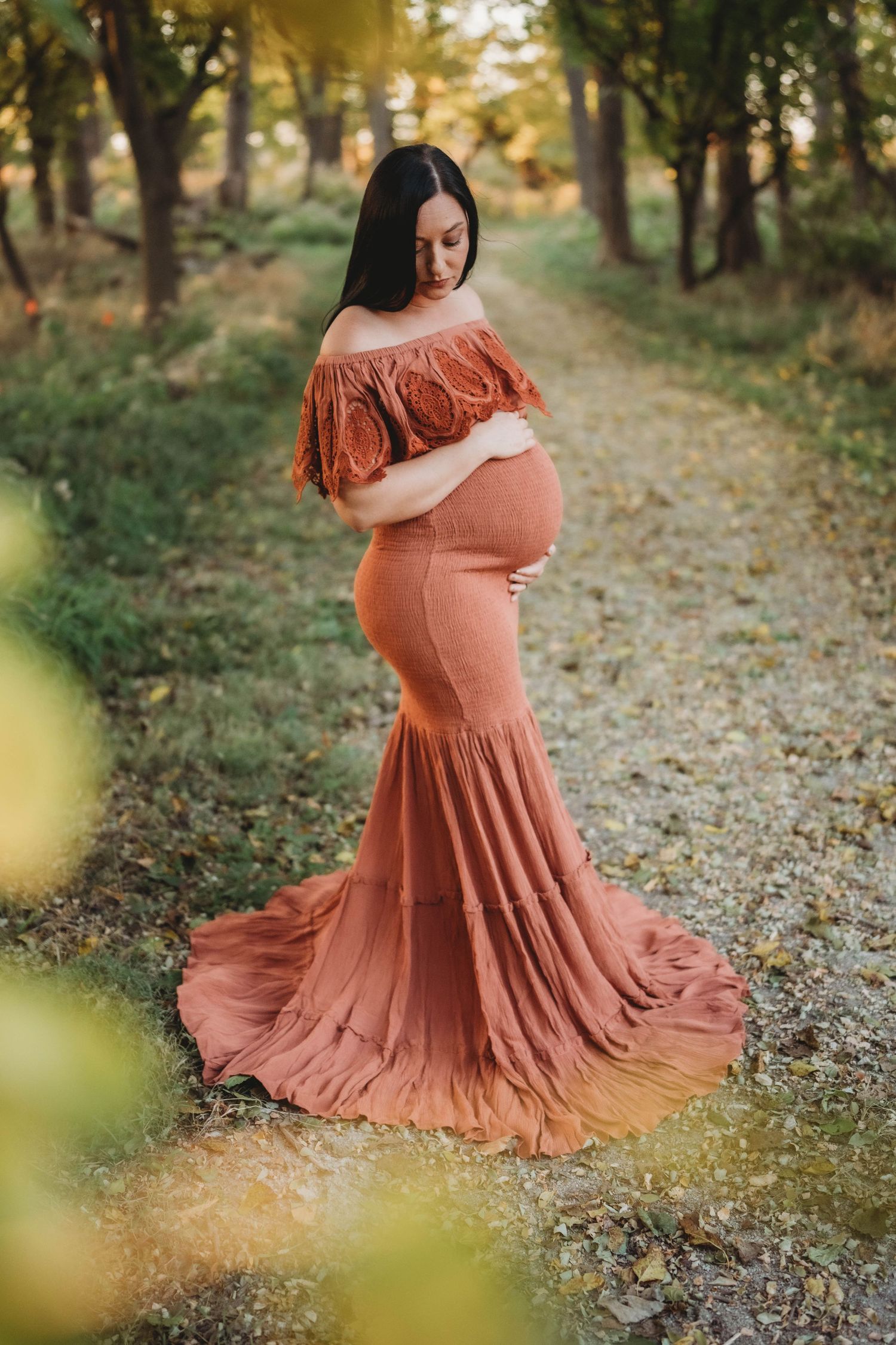 maternity photo, maternity gown, rust orange maternity gown, golden hour in field