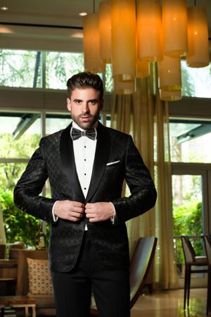 Elegant black tuxedo with bowtie worn in luxurious room with modern pendant lighting and greenery views.