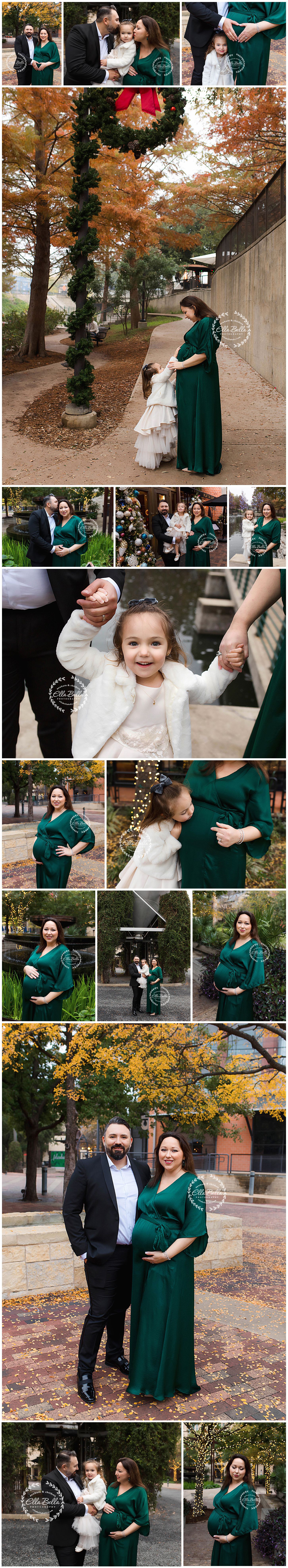Maternity photo session featuring expecting mother in emerald green dress during autumn with family in outdoor setting.
