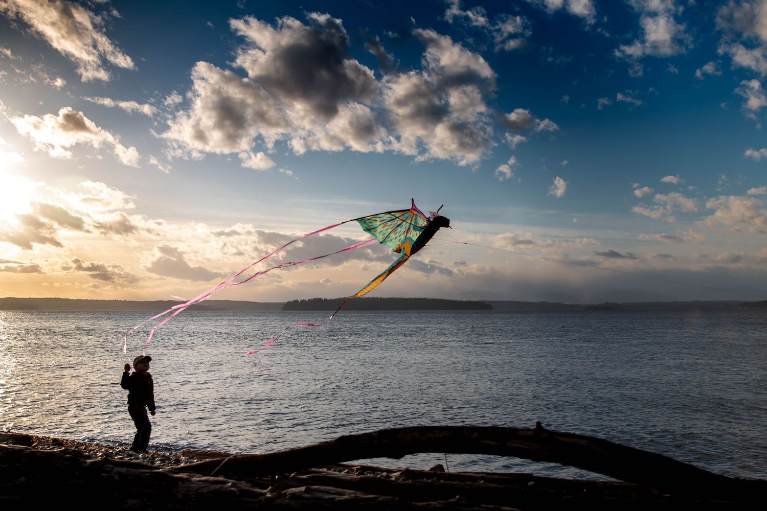 Boy flies kite during sunset at Lincoln Park beachfront.