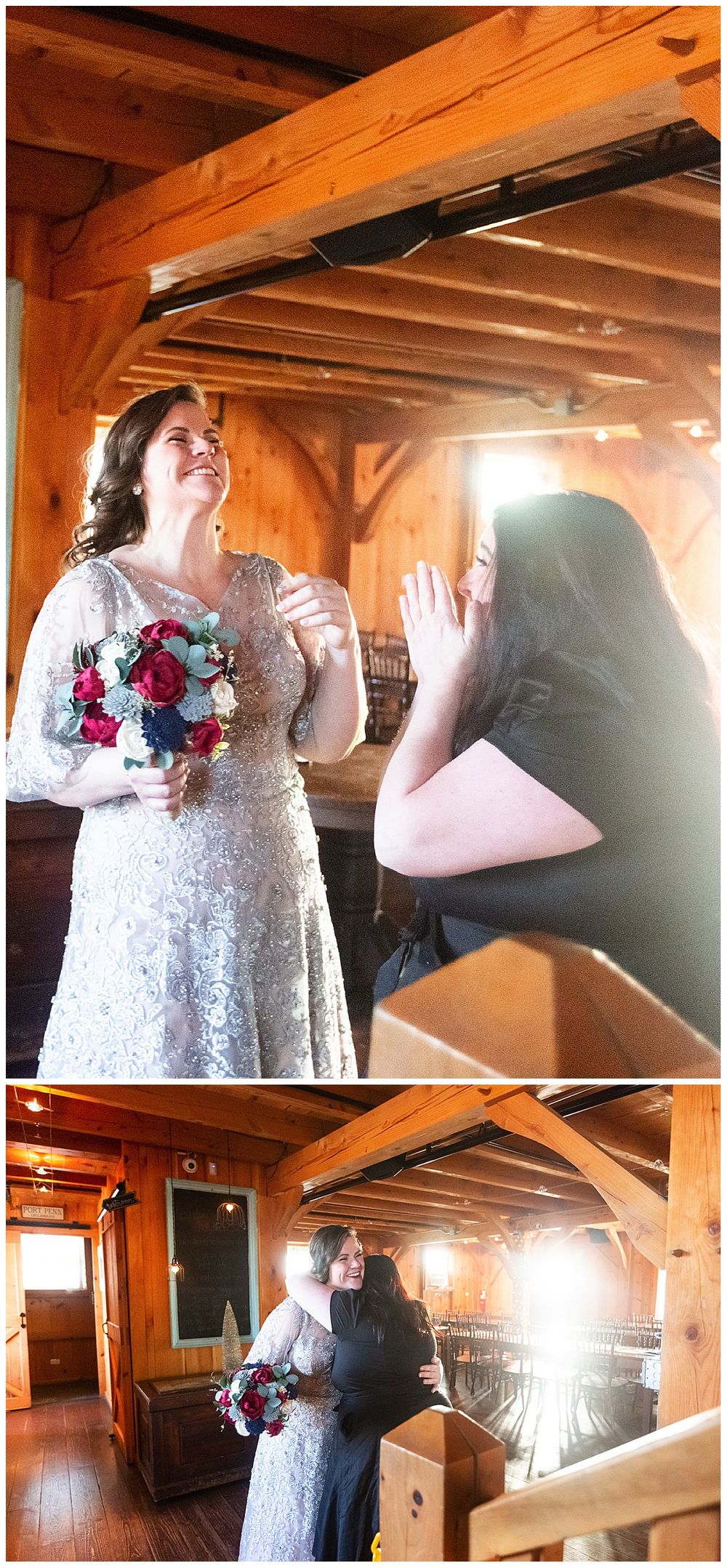 Emotional bride in silver lace gown holds bouquet as guest reacts with joy at rustic barn wedding.