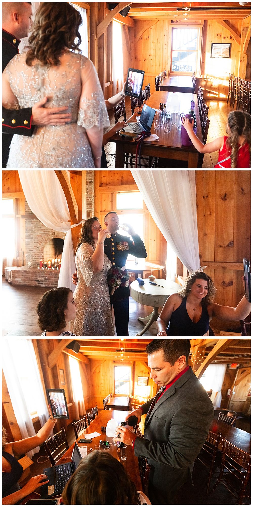 Wedding guests celebrate with newlywed couple in rustic barn venue with virtual guests on laptop screen.