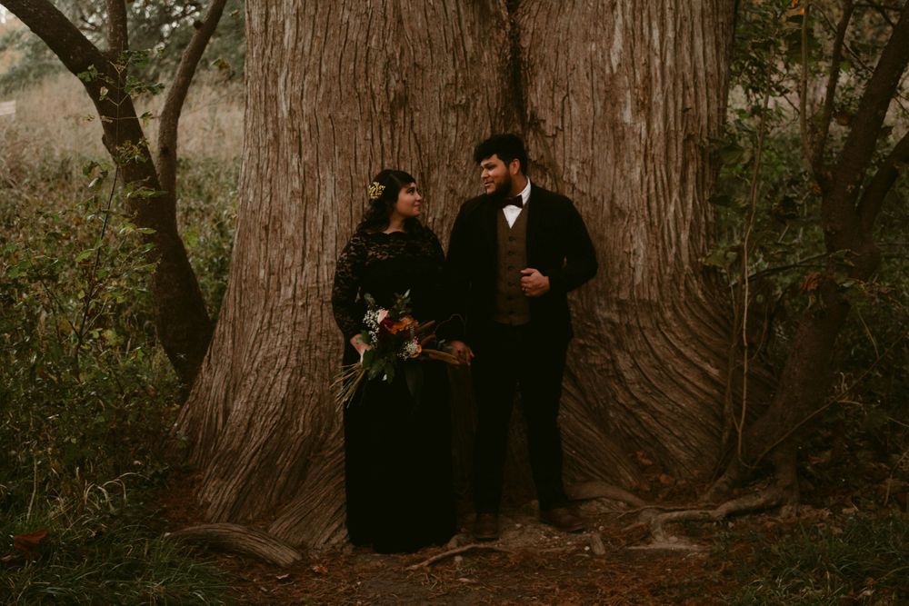 A romantic woodland portrait of newlyweds standing against a giant tree trunk.