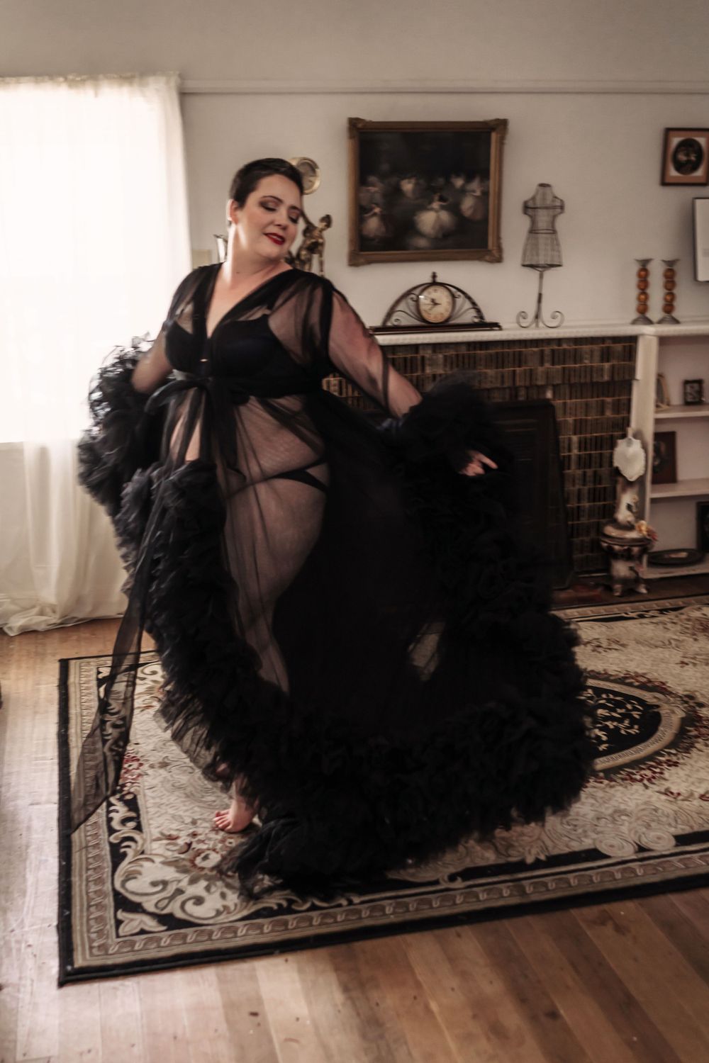plus size woman in lingerie dancing in hollywood gown