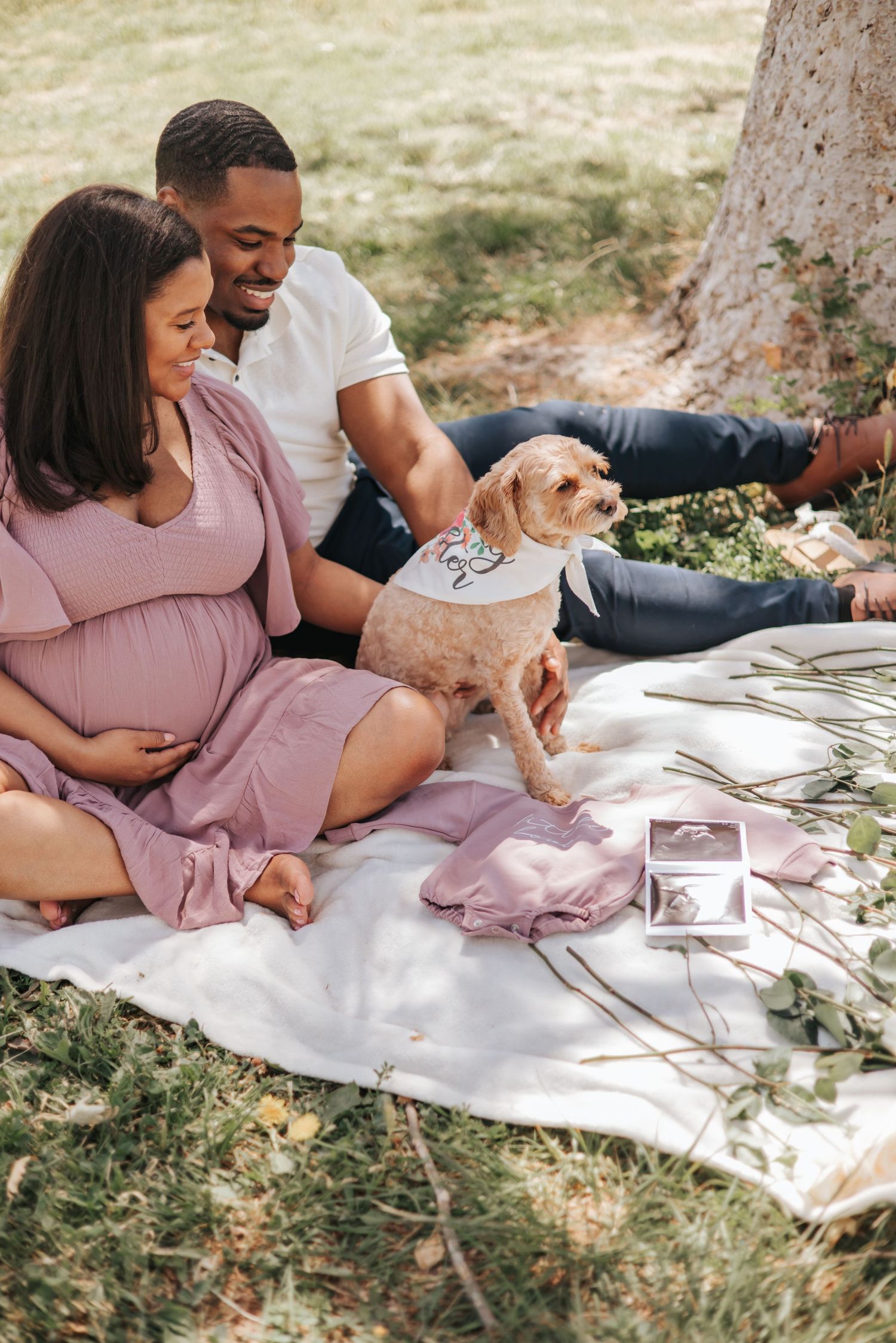 Couple having a picnic on a blanket with their small dog in a park setting during pregnancy photoshoot.