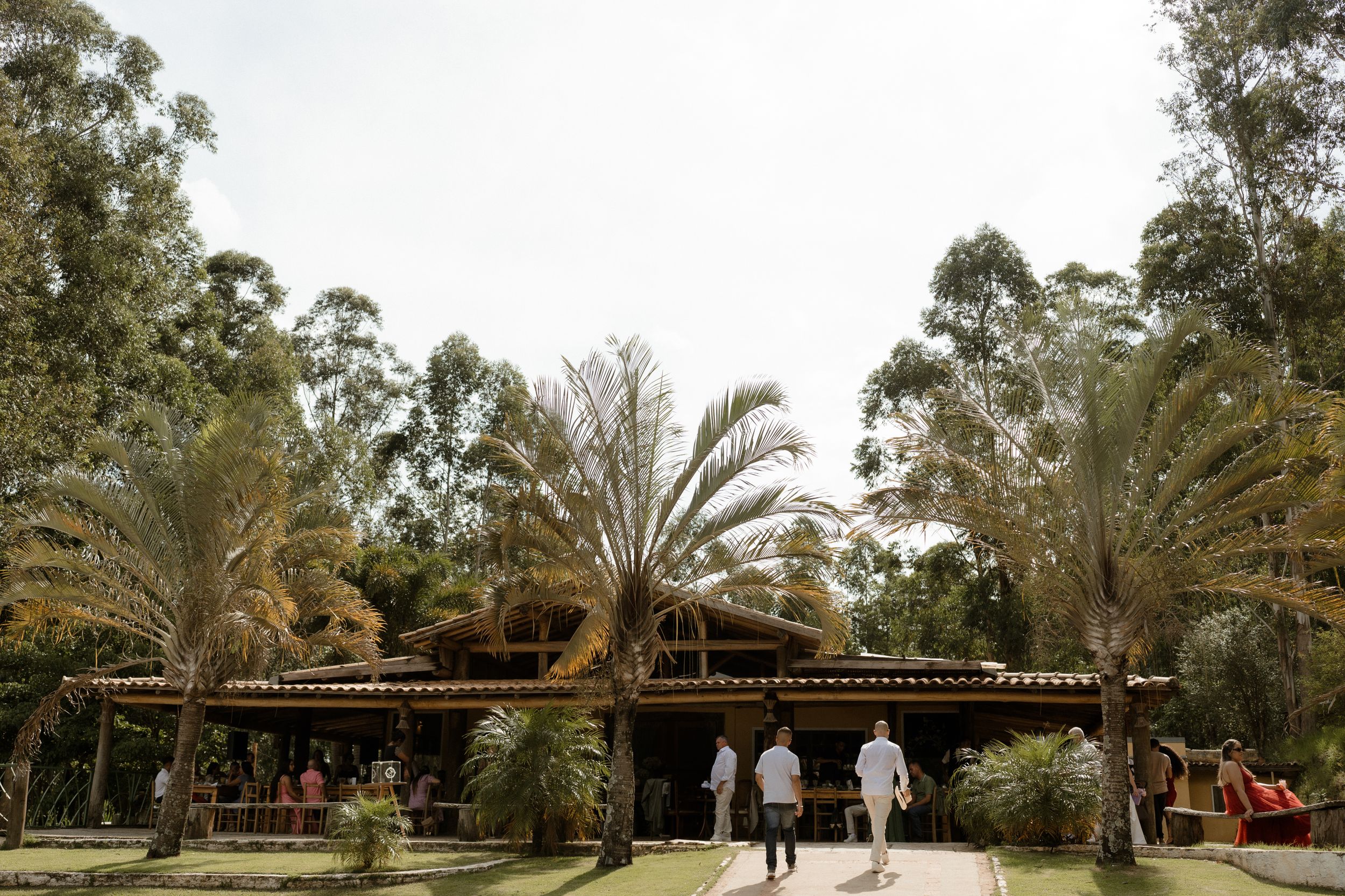 Palm tree-lined venue with covered walkway and guests walking towards entrance.