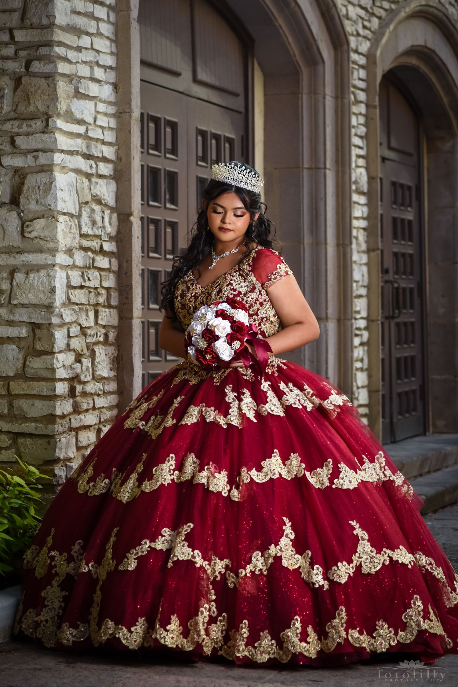 quinceanera photography session in red and gold dress fort worth dallas texas fotolilly photography